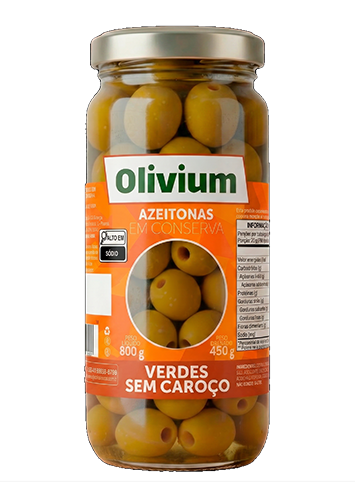 AZEITONA VERDE SEM CAROÇO OLIVIUM VD 12 X 450 / 800G