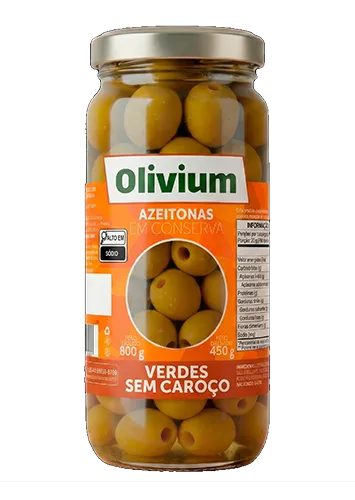 AZEITONA VERDE SEM CAROÇO OLIVIUM VD 12 X 450 / 800G